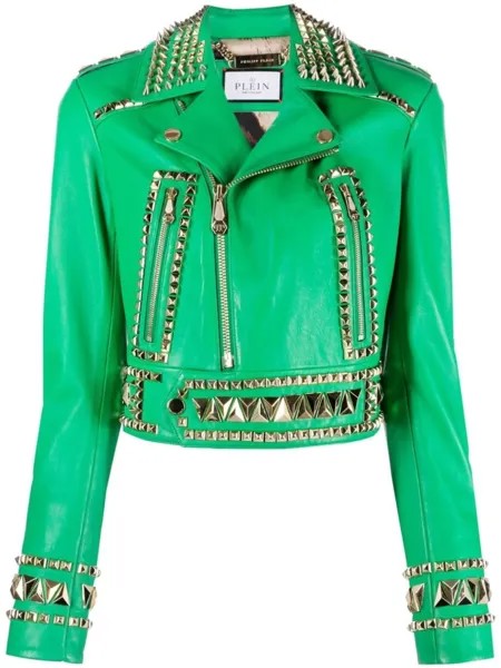 Philipp Plein укороченная байкерская куртка Gothic Plein, зеленый