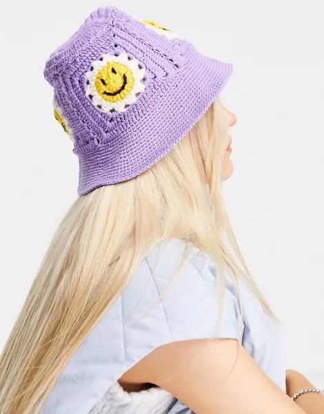 Панама вязки кроше с дизайном в виде радостного цветка ASOS DESIGN-Фиолетовый цвет