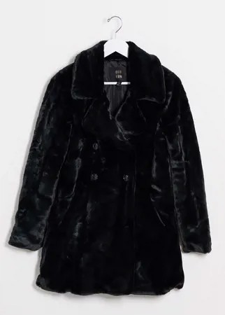 Черное двубортное пальто из искусственного меха QED London-Черный
