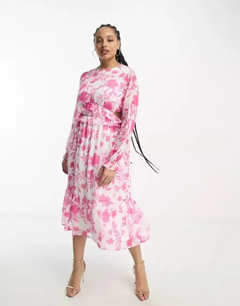Шифоновое ярусное платье миди In The Style с розовым цветочным принтом