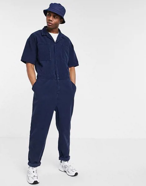 Темно-синий комбинезон из вельвета с короткими рукавами ASOS DESIGN