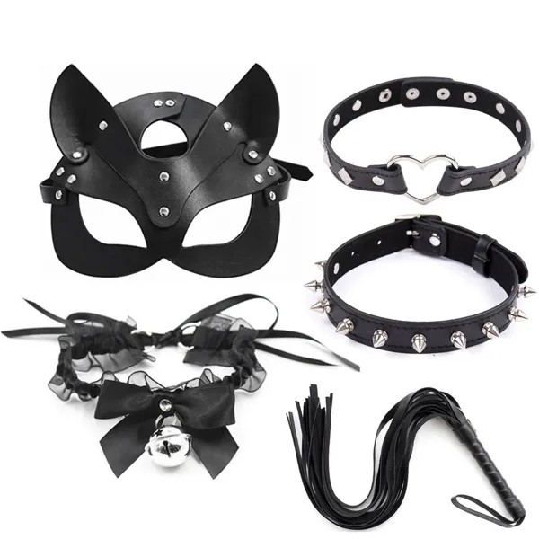 Эротические костюмы фетиш бондаж наборы кожаная маска кошки воротник кнут кляп рот флирт секс-игрушки для мужчин женщин 18 БДСМ аксессуары