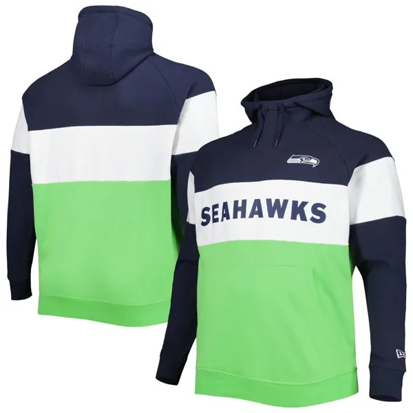 Мужской неоново-зеленый флисовый пуловер с капюшоном Seattle Seahawks Big & Tall Current Team с цветными блоками New Era
