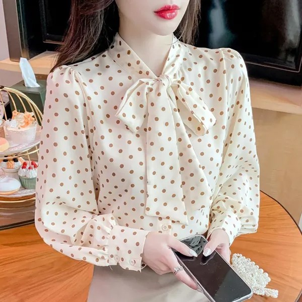 Женская Весенняя новая рубашка в горошек, Корейская шифоновая блузка с бантом, рубашка с длинным рукавом и лентой, Топ