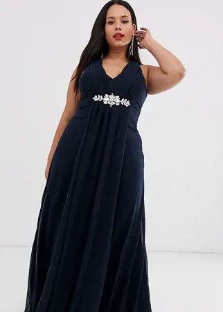 Декорированное шифоновое платье макси с V-образным вырезом City Goddess Plus-Темно-синий