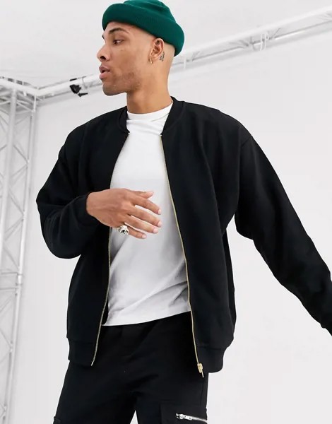 Черный трикотажный бомбер с золотистыми молниями ASOS DESIGN