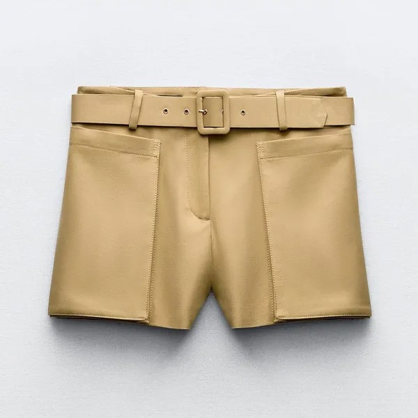 Шорты Zara With Large Pockets And Belt, светло-коричневый
