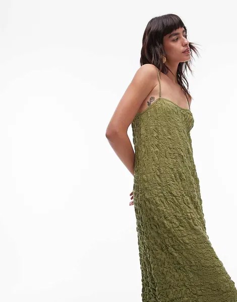 Текстурное платье миди цвета хаки с завязками на плечах Topshop