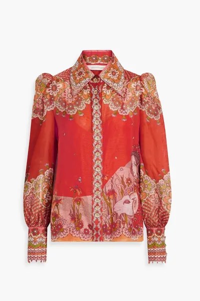 Рубашка из смесового льна и шелка с декорированным принтом ZIMMERMANN, красный