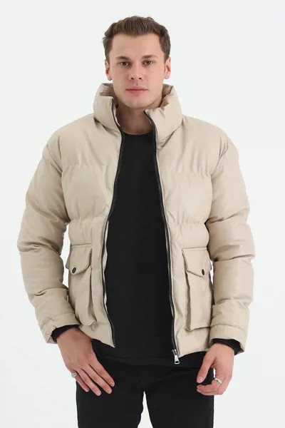 Кожаное Надувное пальто кремового цвета с карманами для сумки