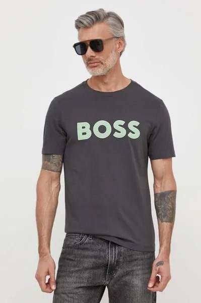 Хлопковая футболка Boss Green, серый