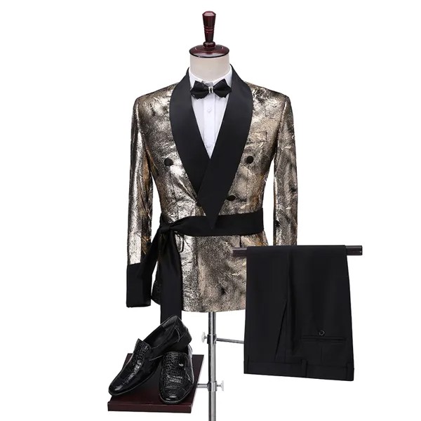 Новейший дизайн пальто и брюк 2022, облегающая блестящая золотая куртка для курения, Итальянское Платье для смокинга, двубортное женское плат...