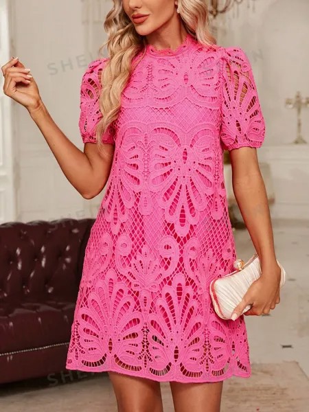 SHEIN Clasi Женское кружевное прямое платье с воротником-стойкой и короткими рукавами-пузырьками, ярко-розовый