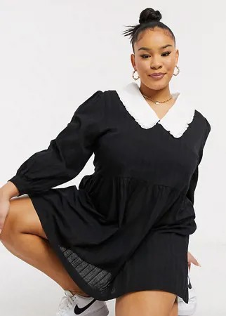 Платье мини с длинным рукавом, контрастным воротником и присборенной юбкой Daisy Street Plus-Черный цвет