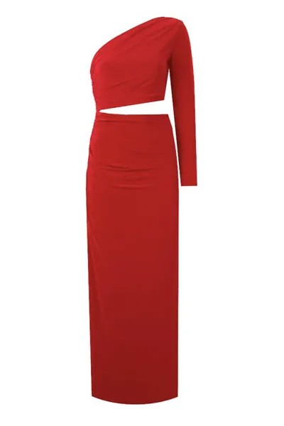 Красное длинное вечернее платье с одним рукавом и драпировкой по бокам, с окном в пупке Whenever Company, красный
