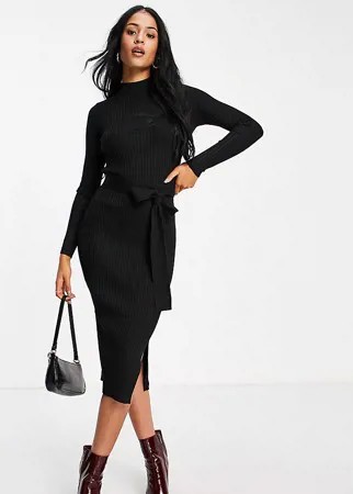 Черное платье миди в рубчик с завязкой на талии New Look Tall-Черный цвет