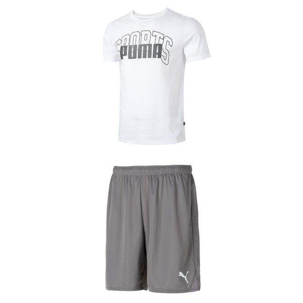Повседневный спортивный мужской комплект: белый топ + серые шорты Puma, белый