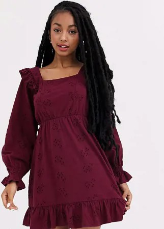 Платье мини винного цвета с вышивкой ришелье и оборками на плечах ASOS DESIGN Petite-Красный