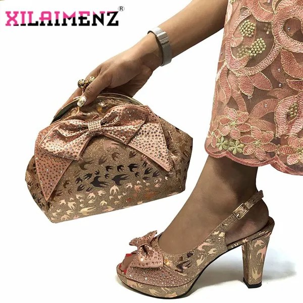 Специальный африканская Дизайн, комплект из обуви и сумки в африканском стиле, женские вечерние туфли и сумочка персикового цвета, женские ...