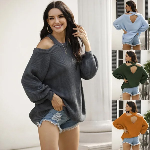 Женский свободный вязаный свитер, персиковый свитер без бретелек с круглым вырезом и сердечками, Осень-зима 2021