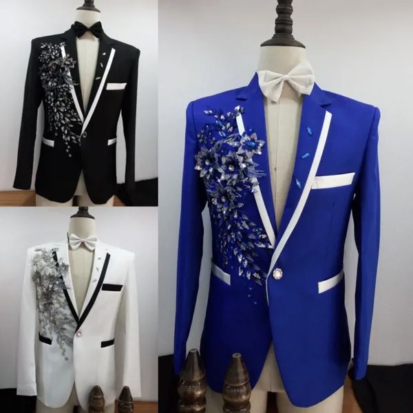Мужской ярко-синий/черный/белый пиджак для смокинга с блестками и цветочной вышивкой, сценический пиджак, бесплатная доставка
