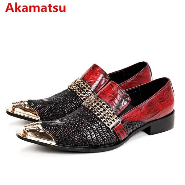 Туфли Akamatsu мужские, итальянская кожа, оксфорды, классические, металлические цепи, красные черные, для свадьбы, размер 47