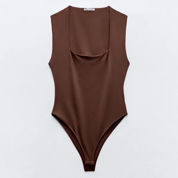 Боди-комбинезон Zara Polyamide With Square Neckline, коричневый