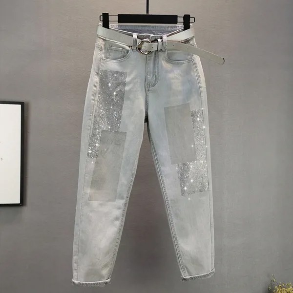 Хлопковые эластичные однотонные блестящие женские джинсы с бисером; Новинка осени 2021 года; Шаровары с высокой талией; Свободные винтажные ж...