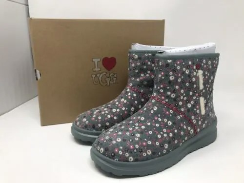 NIB I Love UGG Kisses Женские короткие ботинки из серой и розовой замши с цветочным принтом, размер 5