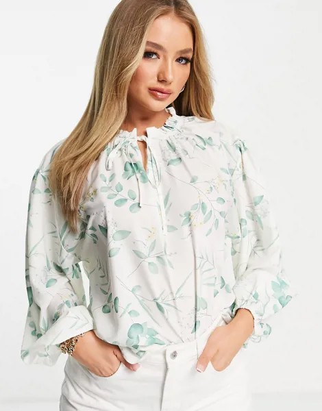 Белая oversized-блузка с цветочным принтом, объемными рукавами и завязкой от комплекта In The Style x Stacey Solomon-Многоцветный