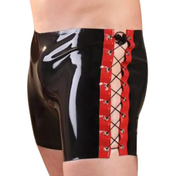 Черно-красные сексуальные длинные латексные боксеры, шорты со шнуровкой сзади, резиновые боксеры, нижние шорты