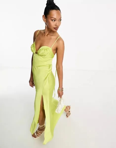 Атласное платье миди с корсетом и глубоким вырезом ASOS зеленого цвета лайма