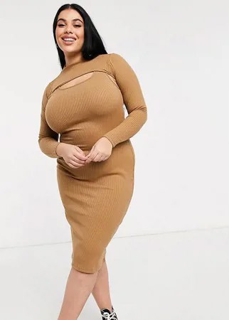 Облегающее платье миди в рубчик с высокой горловиной и вырезами Fashion Union Plus-Коричневый цвет