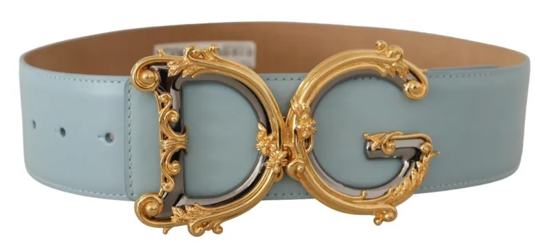 DOLCE - GABBANA Ремень синий кожаный с широкой талией и логотипом DG, золотая пряжка в стиле барокко, 75см/30