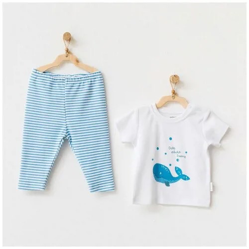 Комплект для мальчика AndyWawa серия Cute whale футболка и штаны белый/голубой, размер 56-62