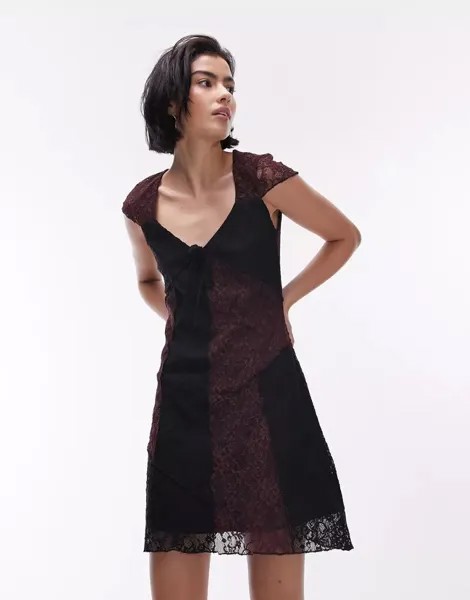 Разноцветное мини-платье из джерси Topshop со шнуровкой и рукавами-крылышками