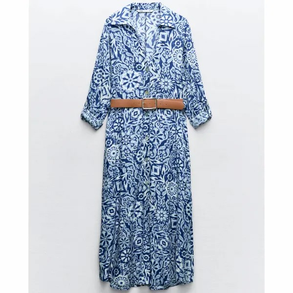 Платье-рубашка Zara Printed Midi With Belt, синий/белый