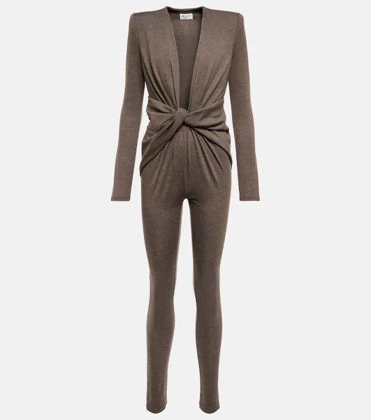 Комбинезон из шерстяного джерси с запахом SAINT LAURENT, коричневый