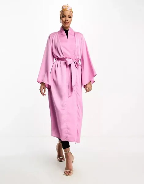 Ярко-розовое атласное платье с поясом и широкими рукавами Trendyol