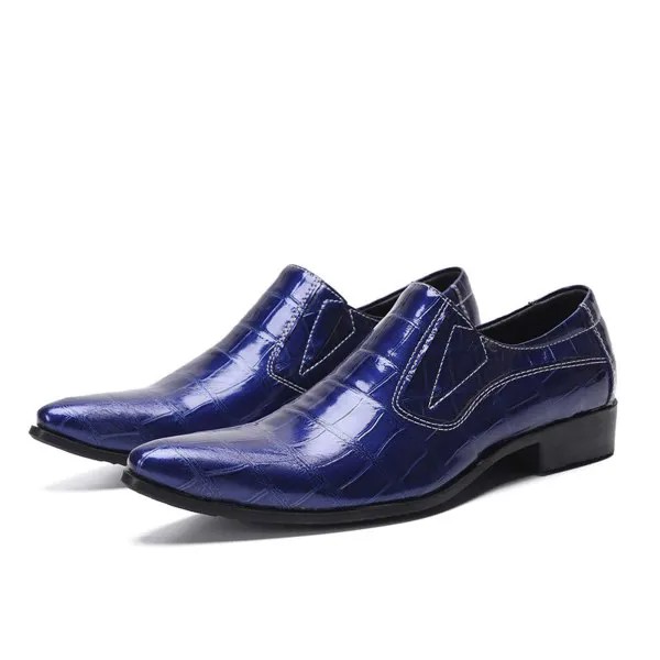 Туфли мужские из лакированной кожи, Синие Клетчатые Мокасины, заостренный носок, итальянская обувь, классические лоферы