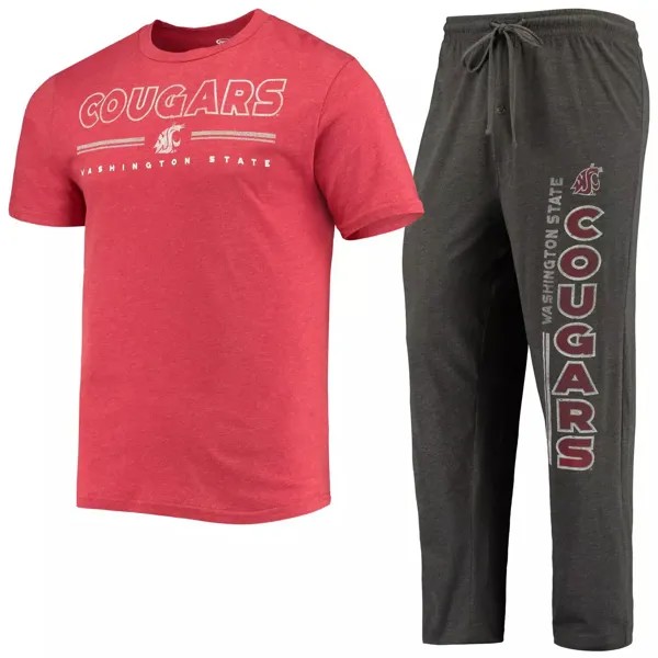 Мужская футболка Concepts Sport с принтом угольно-малинового цвета, футболка и брюки для сна Washington State Cougars Meter