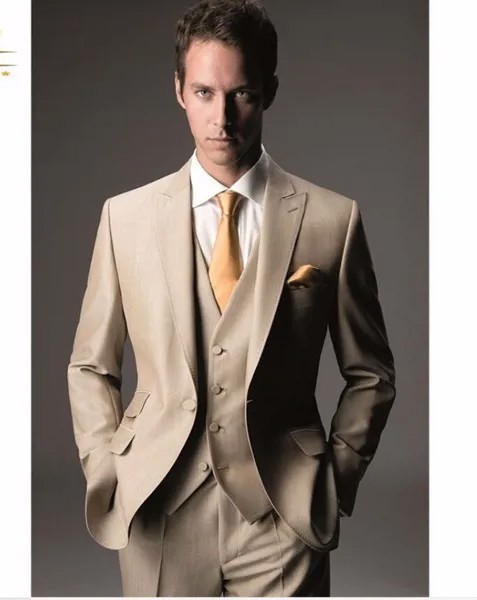 Новое поступление, смокинг для жениха с пиковым отворотом, мужские костюмы хаки, Свадебный блейзер для мужчин (пиджак + брюки + галстук + жилет) B953