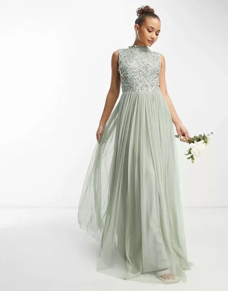 Beauut Bridesmaid 2 в 1, украшенное платье миди с пышной тюлевой юбкой шалфейного цвета