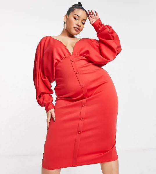 Ярко-красное платье миди с пуговицами ASOS DESIGN Curve-Красный
