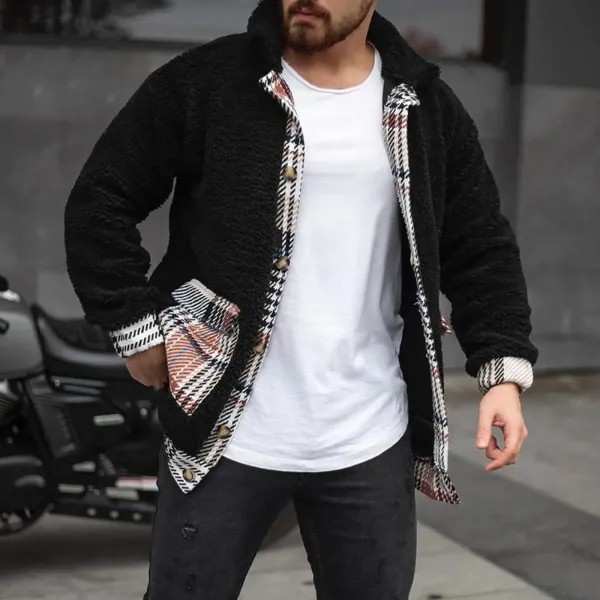 Мужская модная флисовая куртка-кардиган в ломаную клетку с цветными блоками