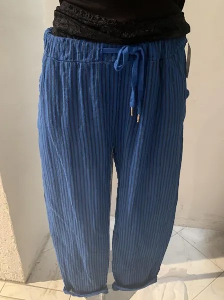 Полосатые хлопковые брюки на кулиске с резинкой и карманами, лазурный синий