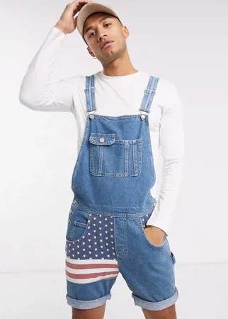 Свободный джинсовый комбинезон-шорты с американским флагом ASOS DESIGN-Синий