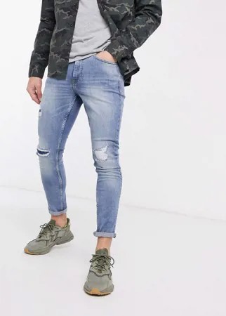 Светлые джинсы скинни с рваной отделкой New Look-Синий