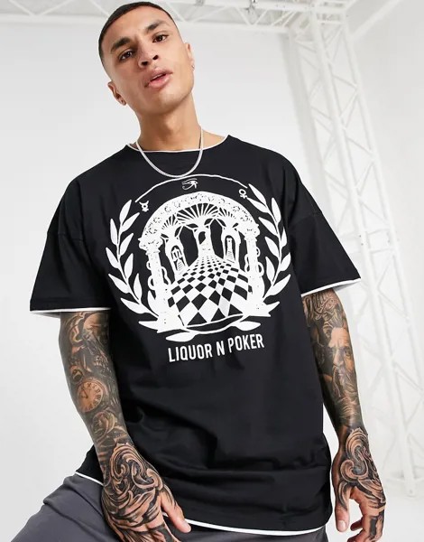 Черная двухслойная oversized-футболка с принтом в греческом стиле Liquor N Poker-Черный