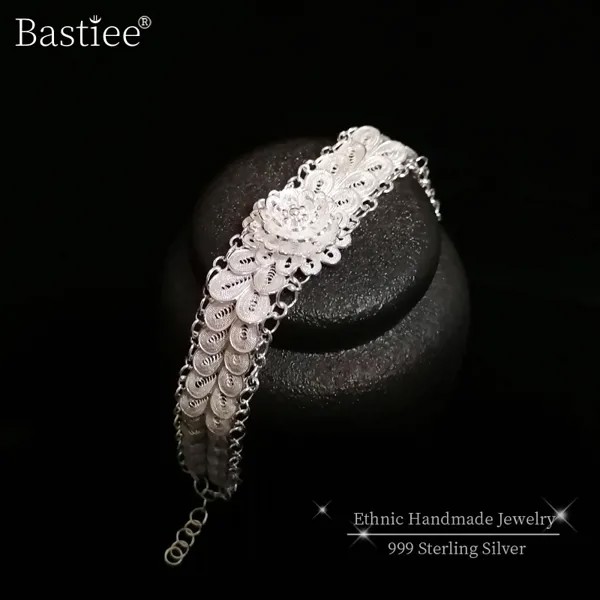 Женские большие браслеты Bastiee из стерлингового серебра 999 пробы, роскошные ювелирные украшения ручной работы, очаровательный браслет в этническом стиле, Подарочная цепочка